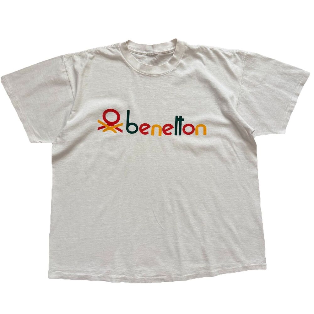 VTG 80s 90s Benetton Spell Out Logo T Shirt XL White Single Stitch USA Made